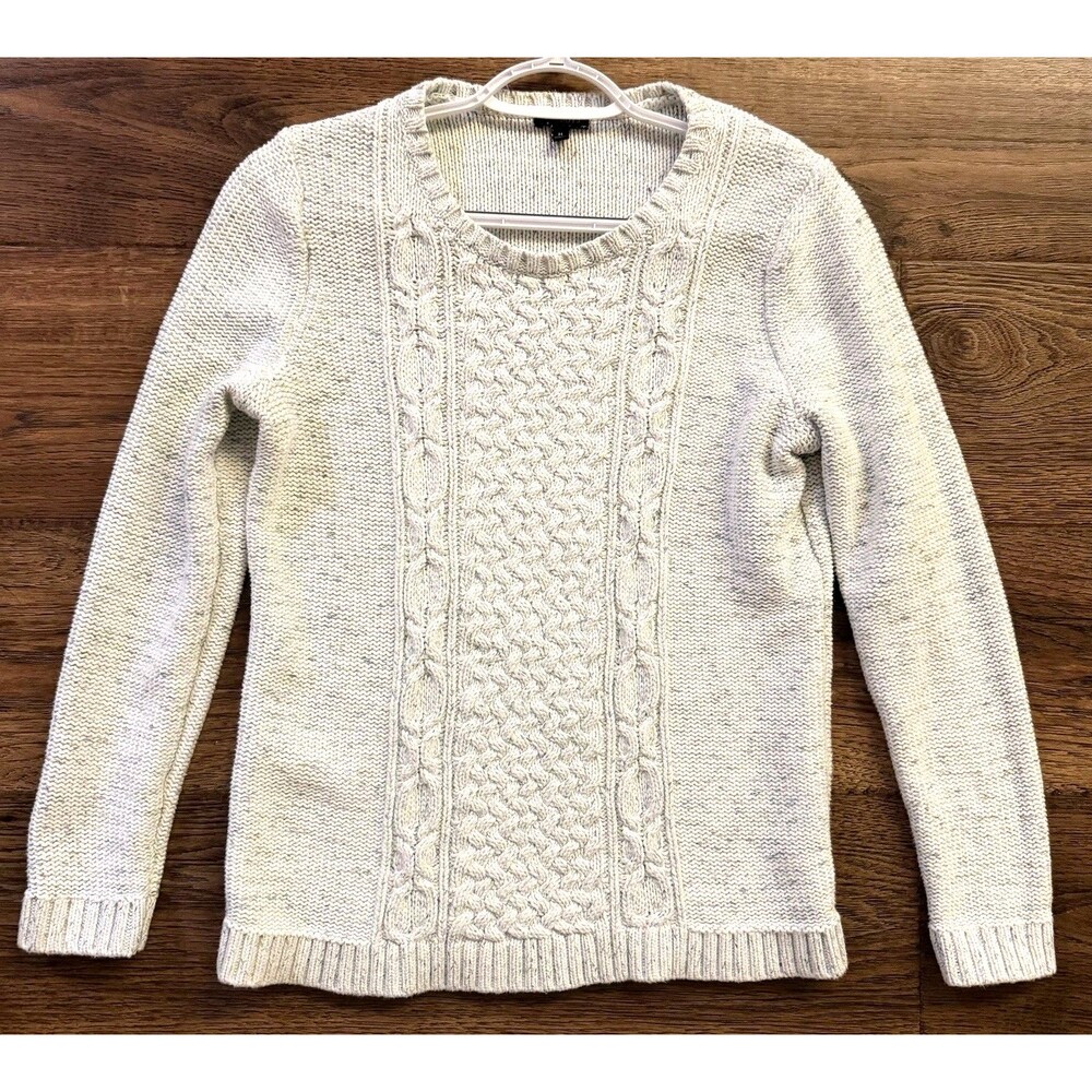 Talbots Sweater Womens Medium Ivory Flecked Cable Knit Cotton Scoop Neck